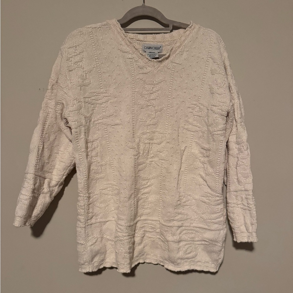Vintage GUC Cabin Creek 100% Cotton Cream V-Neck Sweater